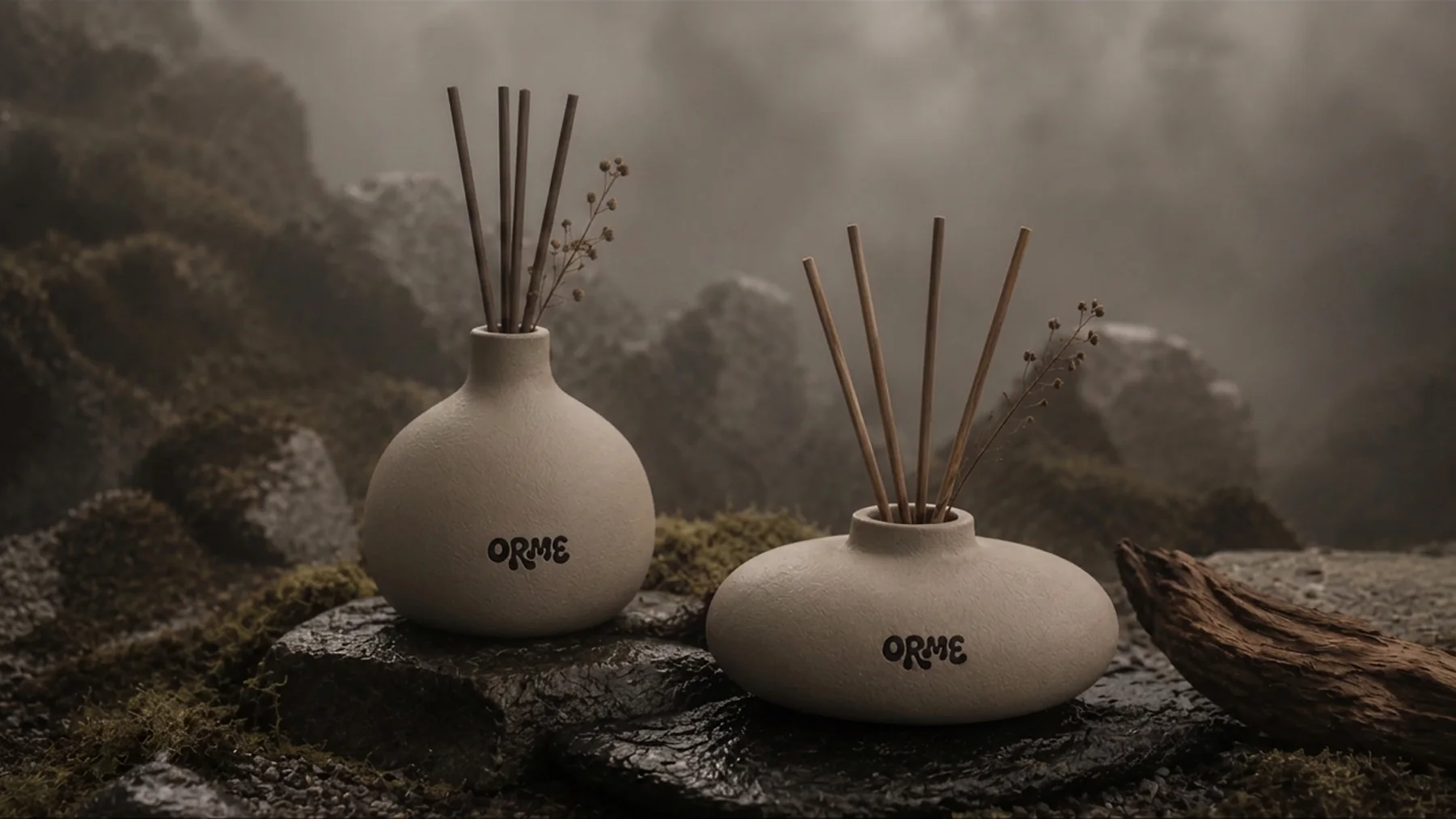 ORME ceramic curve diffuser in a foggy stone landscape