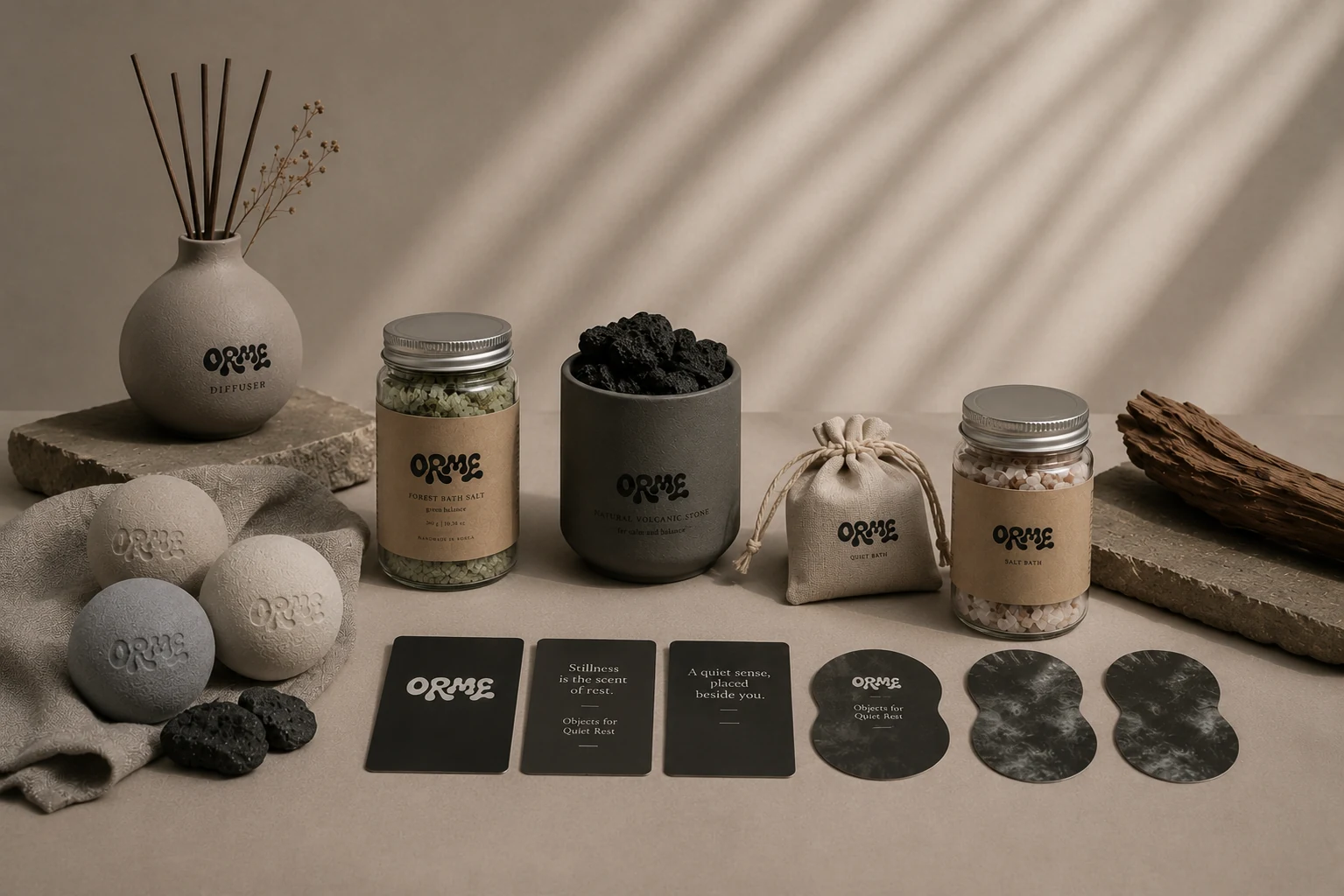 ORME first collection with diffuser, bath salt, volcanic stone, bath objects, and goods