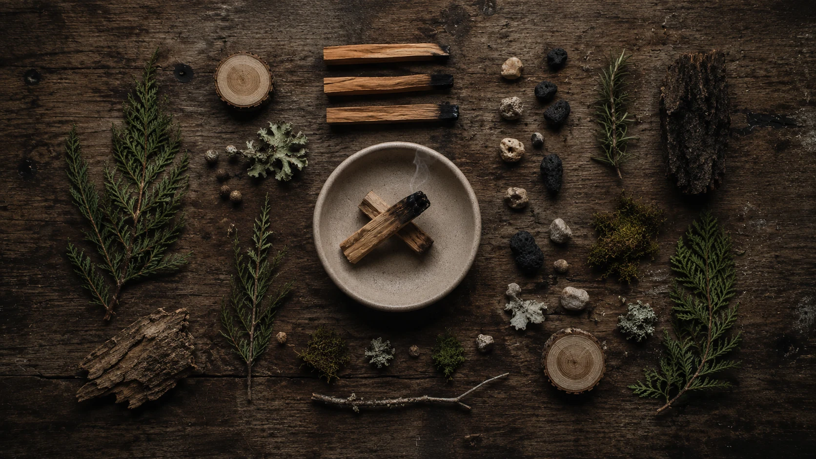 Palo santo smoke with cedar, moss, stone, and wood on a dark table
