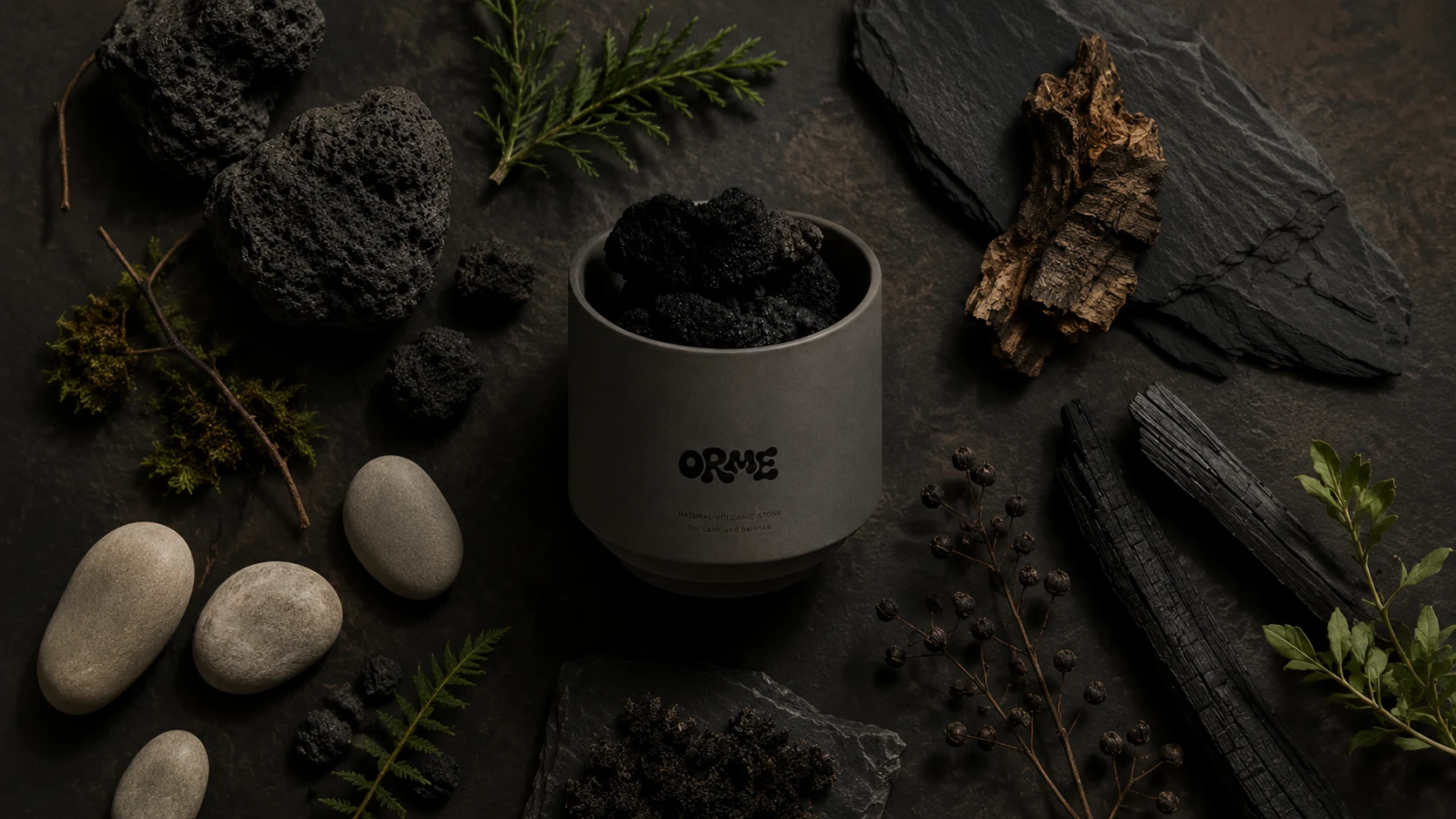 ORME volcanic stone oil diffuser with wet stone, slate, moss, and charred wood