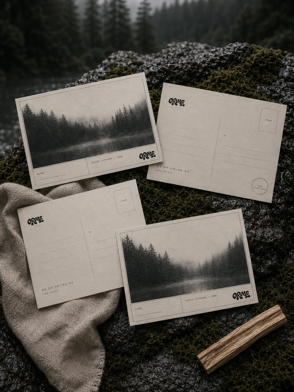 ORME postcards on wet mossy stone