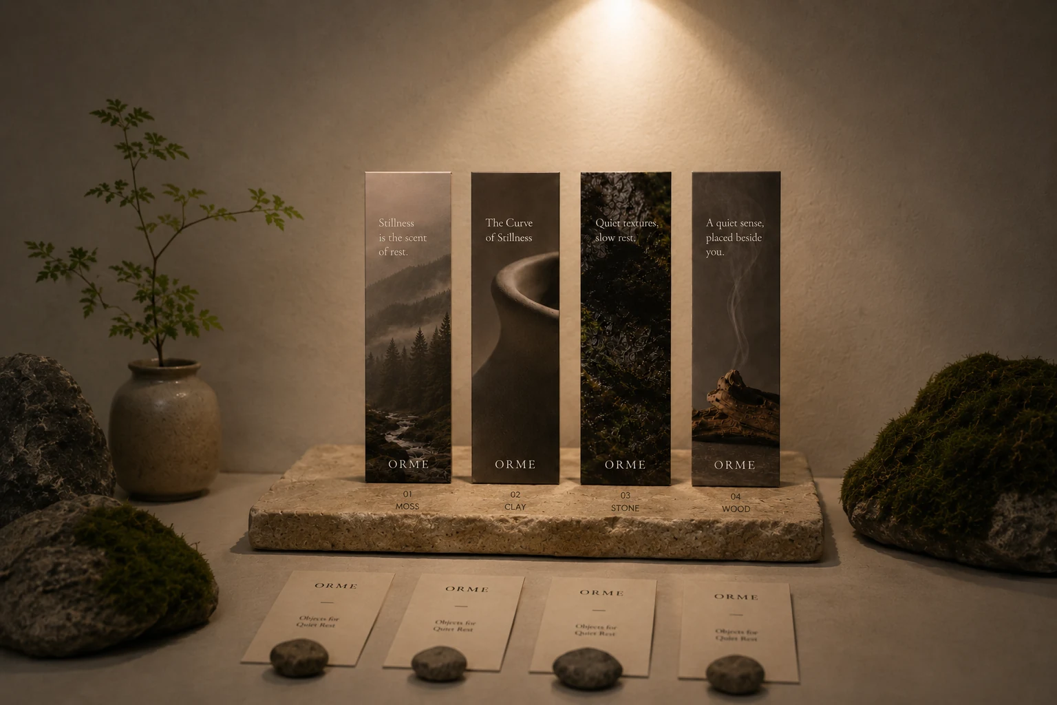 ORME scent paper standing on stone with scent cards below