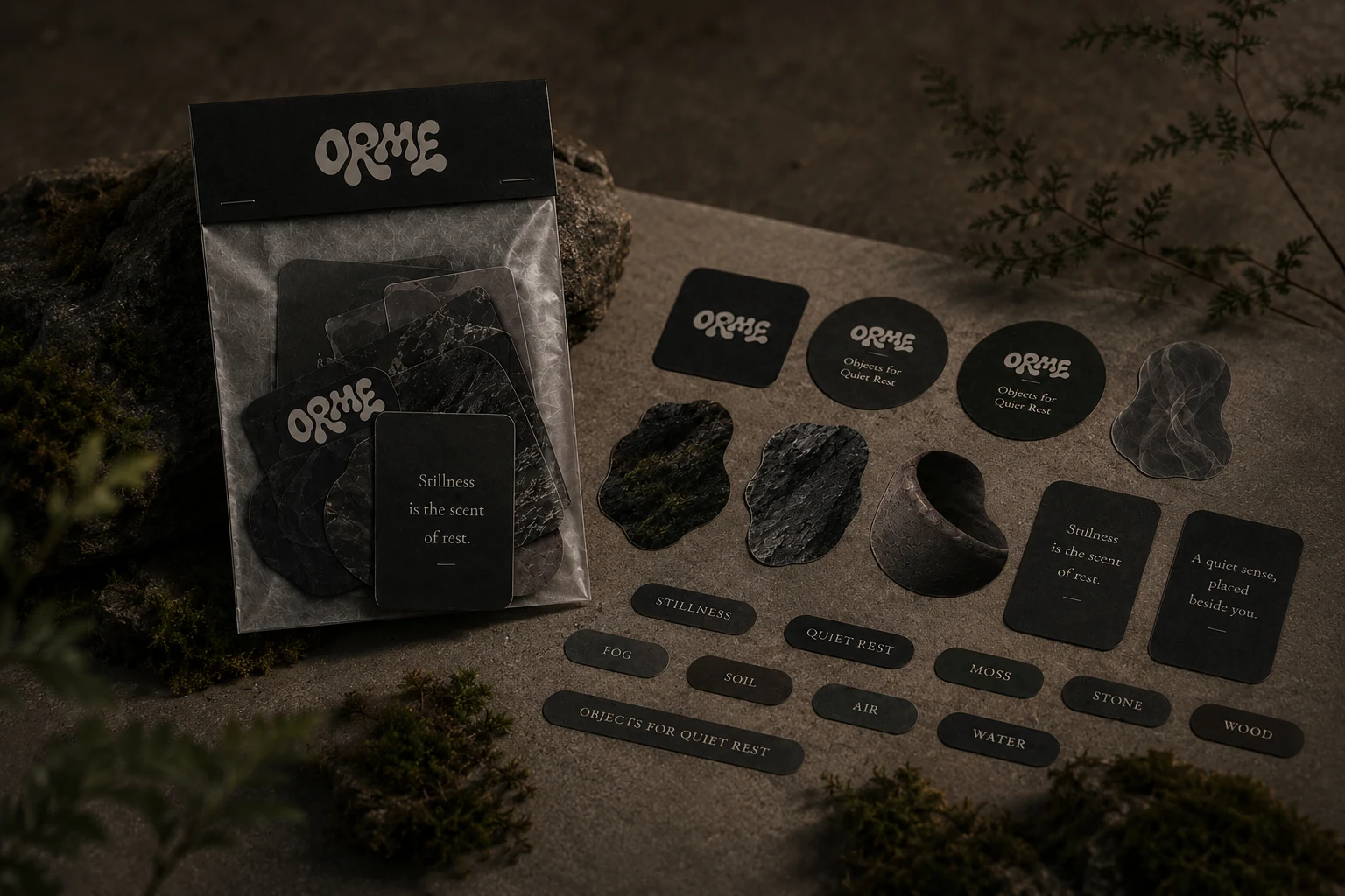 ORME sticker kit with black cards and natural texture shapes